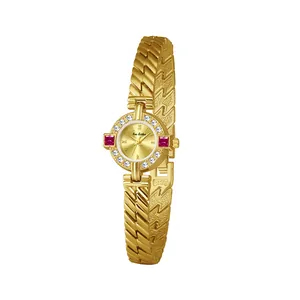 Elegante reloj dorado Bee Sister para mujer con detalles de rubí y correa de eslabones vintage