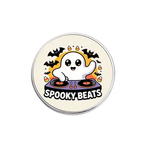 Retro Halloween DJ ghost metal pin badge with Spooky Beats text, bats, and candy corn elements