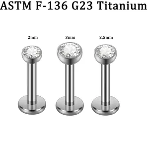 ASTM F-136 G23 Titanium labret studs with internal thread and zircon sizes 2mm 2.5mm 3mm