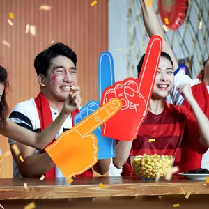 Excited sports fans celebrating a victory with giant colorful EVA foam cheering fingers