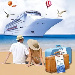 Waterproof transparent PVC cruise luggage tag attached to vintage suitcases on beach