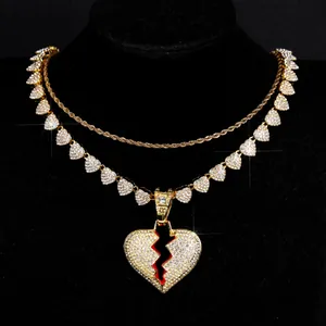 Set Collana con Pendente a Cuore Infranto in Lega Hiphop per Uomo Donna Oro Argento Galvanizzato Smalto Goccia d'Olio Catena Cubana Gioielli