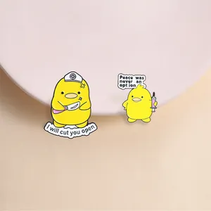 Detail view of funny nurse duck enamel pins featuring humorous medical theme quotes.