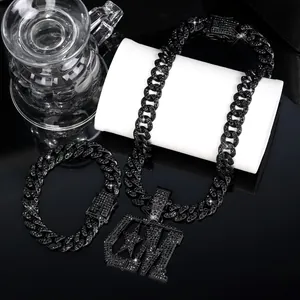 Hip hop zwarte cubaanse ketting met CM-letterhanger en een bijpassende armbandset in zwart