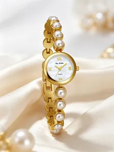 Elegante Vintage-Perlenarmbanduhr für Damen mit goldenem Zifferblatt auf Seide