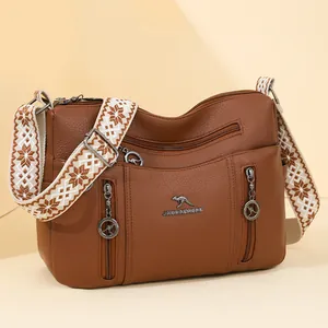 Premium large capacity brown leather-look shoulder bag featuring decorative woven strap