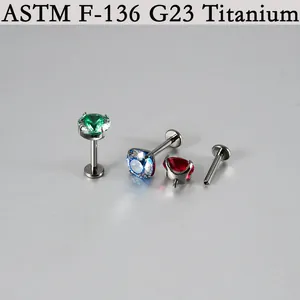 Detail view of G23 Titanium labret studs with internal threads and colorful cubic zirconia