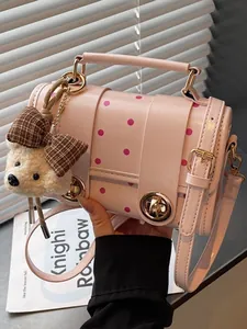 Vintage Polka Dot Crossbody Bag For Women Stylish PU Leather Small Square Bag With Bear Pendant Handbag Shoulder Bag
