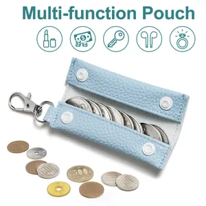 Solid Color Lychee Pattern PU Leather Coin Purse Multi-functional Earphone Pouch With Keychain Hook For Daily Travel