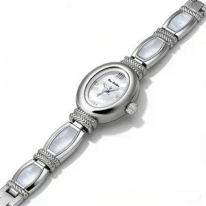Elegante silberne Damenarmbanduhr mit Inlay aus natürlichem weißem Perlmutt Design