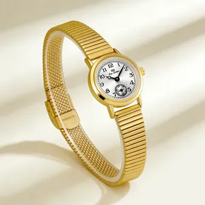 Detailed view of the BS Bee Sister vintage gold watch featuring a flexible bamboo strap