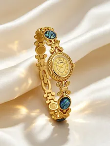 Elegante reloj de pulsera dorado con incrustaciones de abulón natural de Bee Sister