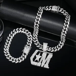 Hip Hop CM Letter Ster Hanger Ketting Armband Set Legering Iced Out Strass Cubaanse Schakelketting Sieraden Voor Mannen Vrouwen Feest