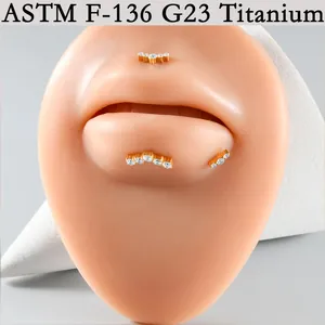 Nahaufnahme des goldenen ASTM F-136 Titan-Lippensteckers mit Zirkonia am Modell