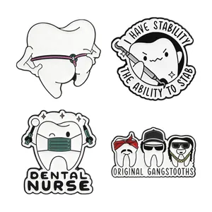 Set of 4 funny cartoon tooth enamel pins with creative slogans for dental professionals