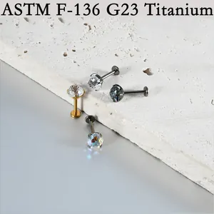 Macro view of G23 titanium labret studs with various color cubic zirconia stones