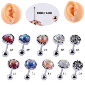 Stainless Steel Zirconia Iridescent Heart Round Cartilage Stud Earrings For Women Men 20G Screw Back Small Helix Ear Piercing Jewelry