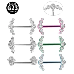 G23 Solid Titanium Internally Threaded Nipple Ring Barbell Pave Rhinestone Body Piercing Jewelry For Women Men Punk Style Colored Nipple Stud