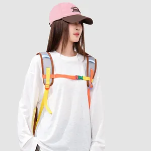 Close-up of dopamine color-blocked backpack straps with breathable mesh and chest buckle