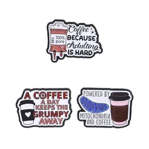 Funny coffee enamel pin set with humorous quotes and medical motifs for backpacks