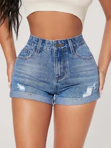 Pantalones cortos vaqueros de tiro alto para mujer con rotos, lavado claro y dobladillos