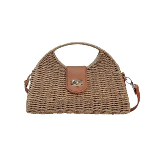 Hand-woven paper rope shoulder bag with vintage dumpling shape and brown leather flap