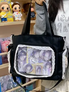 Large capacity black ita bag with lace trim and clear front pocket for anime merch display