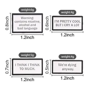 Size and weight diagram for four rectangular enamel pins with funny English text