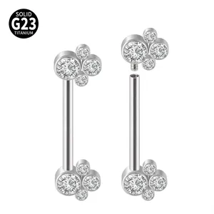 Detail of G23 titanium internally threaded nipple ring with clear crystal clusters