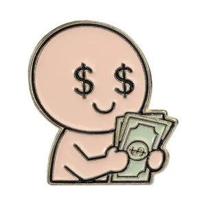Funny cartoon character holding money enamel pin badge for backpack and clothes decor
