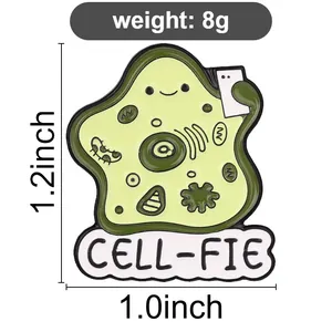 Detailed view of cell-fie biology enamel pin showing 1.2x1.0 inch size and 8g weight.