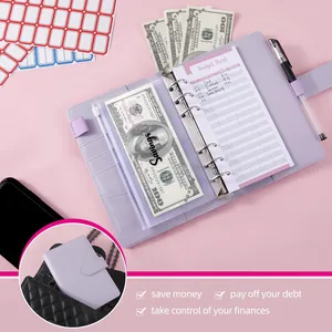 Lavender A6 PU leather budget binder shown with zipper envelope and budget sheet