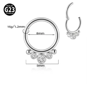 Detail view of G23 titanium hinged ring with clear gems and 8mm inner diameter measurements