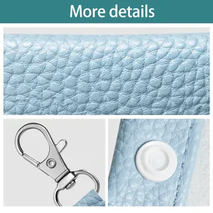 Detailed views of blue lychee pattern leather pouch featuring metal clasp and snap button.