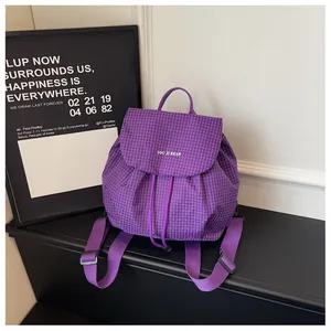 Stylish purple grid mini backpack for women, casual and lightweight for daily commute