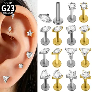 G23 Titanium Zirconia Internally Threaded Labret Stud Geometric Heart Star Triangle Water Drop Ear Bone Piercing Jewelry For Women