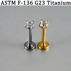 Gedetailleerd overzicht van G23 titanium labret piercing studs met zirkoniasteen