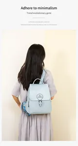 Vue arrière d'un mannequin portant un sac à dos bleu clair minimaliste avec logo kangourou.