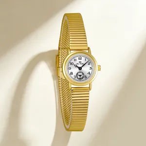 Detailed view of BS vintage women's gold watch with bamboo knot metal strap
