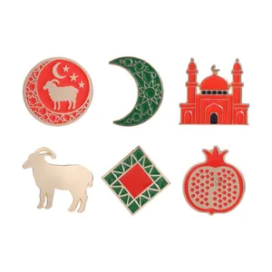 Set of 6 ethnic enamel pins featuring crescent moon, sheep, and mosque architectural motifs