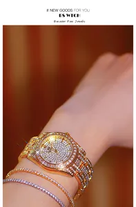 Macro detail showing a luxury gold watch with full diamonds sparkling on a woman's wrist