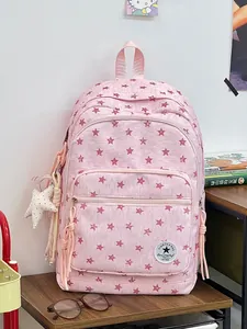 Large capacity pink school backpack with red star pattern for students and travel