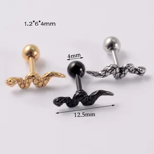 Close-up of stainless steel snake ear studs with detailed measurements and realistic scale texture.