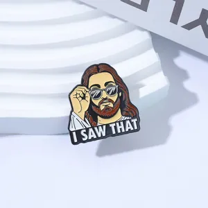 Macro detail of humorous I SAW THAT enamel pin with sunglasses character on white stand