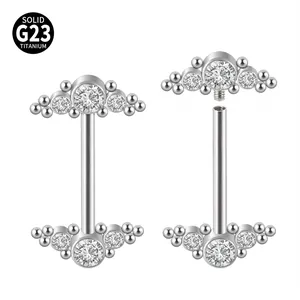 Detail showing G23 titanium internally threaded nipple ring with sparkling zirconia stones.