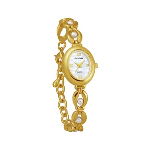 Elegante orologio da donna dorato con perle finte e quadrante in madreperla vintage