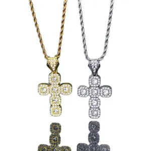 Hip hop iced out cross pendant necklace set in gold and silver with rope chain