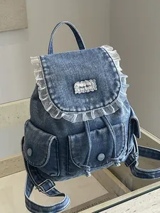 Zaino in Denim Retrò da Donna Stile Accademia con Bordo in Pizzo Raggiato Zaino Casual Lavato per il Pendolarismo Quotidiano Mini Borsa da Scuola