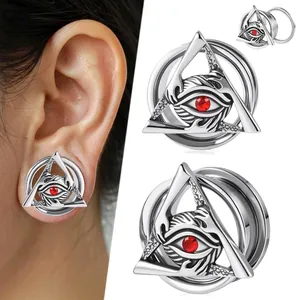 Stainless Steel Evil Eye Triangular Ear Gauge External Thread Piercing Flesh Tunnel Ear Expander Red Rhinestone Punk Jewelry