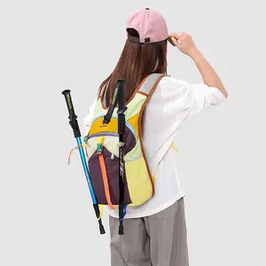 Detailed back view of a multicolored dopamine-style hiking backpack with trekking poles